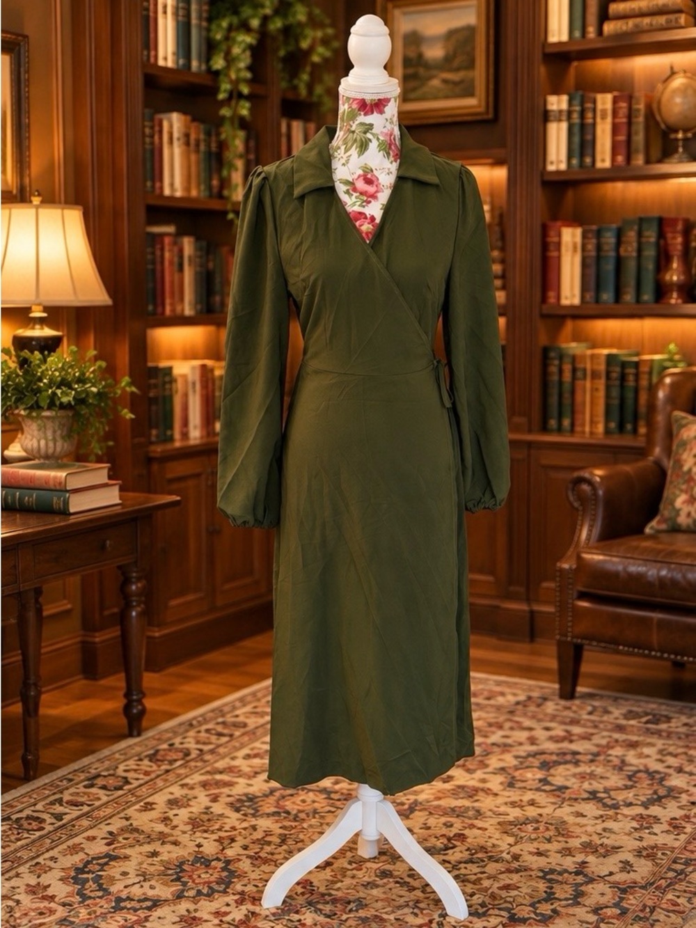 NWT Cupshe Olive Green Long Sleeve Wrap Dress Size M